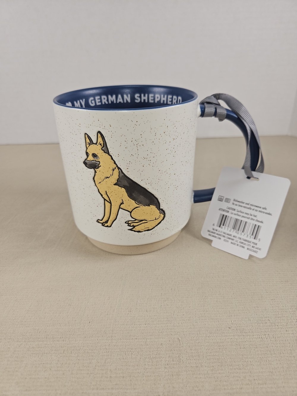 Hallmark White Speckled Mug with Blue Interior and Yellow/Black German Shepherd